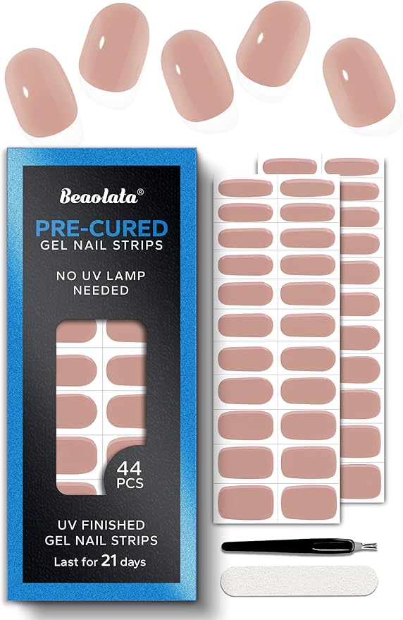 Pre Cured Gel Nail Strips - 44PCS Salon Quality Gel Nail Stickers - Long Lasting Polish Wraps for Women no UV Light Needed Easy Apply& Remove (Minimal Nude)