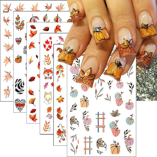 6 Sheets Fall Nail Art Stickers Thanksgiving Day Nails Decals 3D Self Adhesive Maple Leaf Nail Stickers Cute Fox Pumpkin Maple Leaves Design Fall Nails Supplies for Women Autumn DIY Manicure Decor