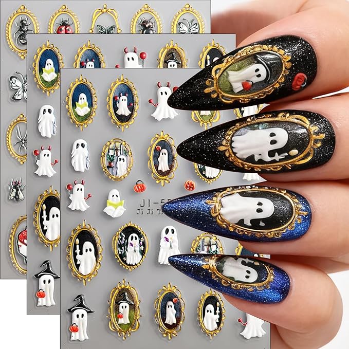 Halloween Nail Art Stickers, Retro Golden Frame Nail Decals 5d Embossed with Ghost Insect Spider Ladybug Butterfly Design 3Pcs Halloween Nail Art Supplies for Women Nail Decoration Nail Stickers