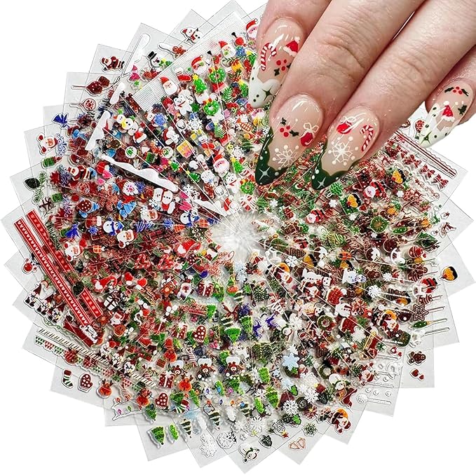 30PCS Christmas Nail Art Stickers Decals 3D Self-Adhesive Xmas Nail Decals Nail Art Supplies Xmas Tree Santa Claus Elk Cartoon Christmas Nails Design Adhesive Stickers for Women DIY Nail Decorations