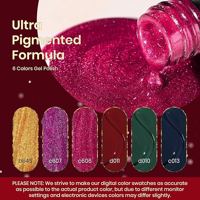 Beetles Christmas Gel Nail Polish, 6 Colors Winter Burgundy Red Glitter Gold Green Gel Polish, Soak Off Uv Nail Lamp Cured Holiday Nail Gel DIY Home Manicure Kit Gifts for Women