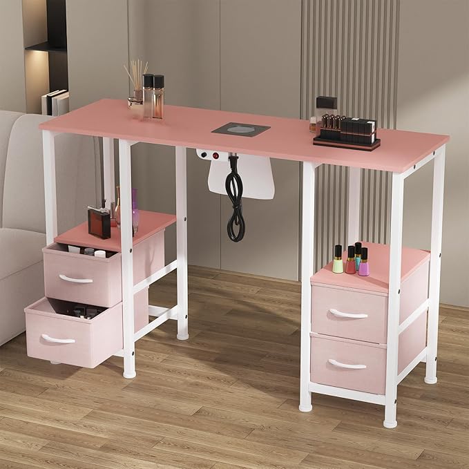 Manicure Table for Nail Tech, Nail Tech Table Station w/4 Storage Drawers & 2 Open Shelves, Nail Table w/Dust Collector for Beauty Salon Tech Station (Pink)