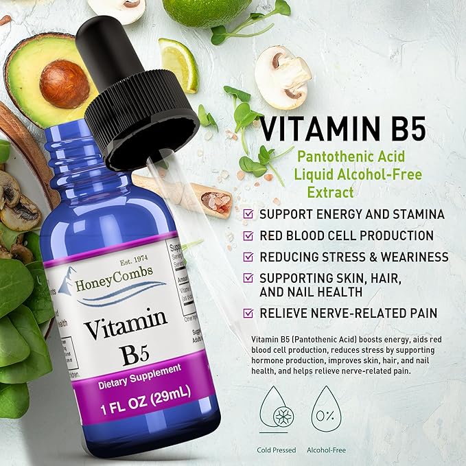HoneyCombs Vitamin B5 Pantothenic Acid Supplement Liquid Drops - High Potency Vitamin B5 for Men & Women - Maintain Healthy Hormones, Immune System, Hair, Skin, Nails - Vegan Liquid Vitamins (1 Fl oz)