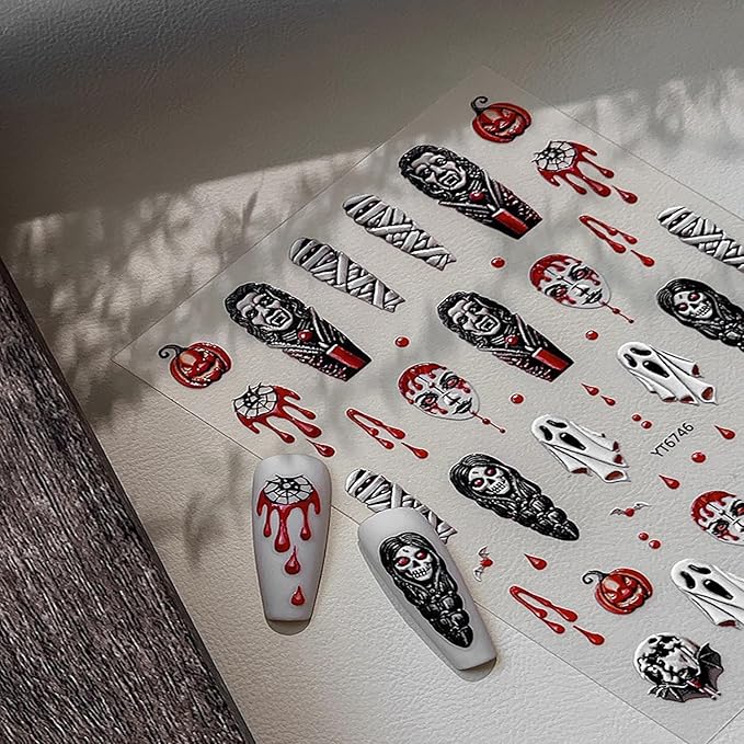 Halloween Ghost Nail Stickers 3D Embossed Stickers for Nails Spooky Nail Decals with Mummy Blood Drop Pumpkin Designs DIY Self Adhesive Nails Art Decoration