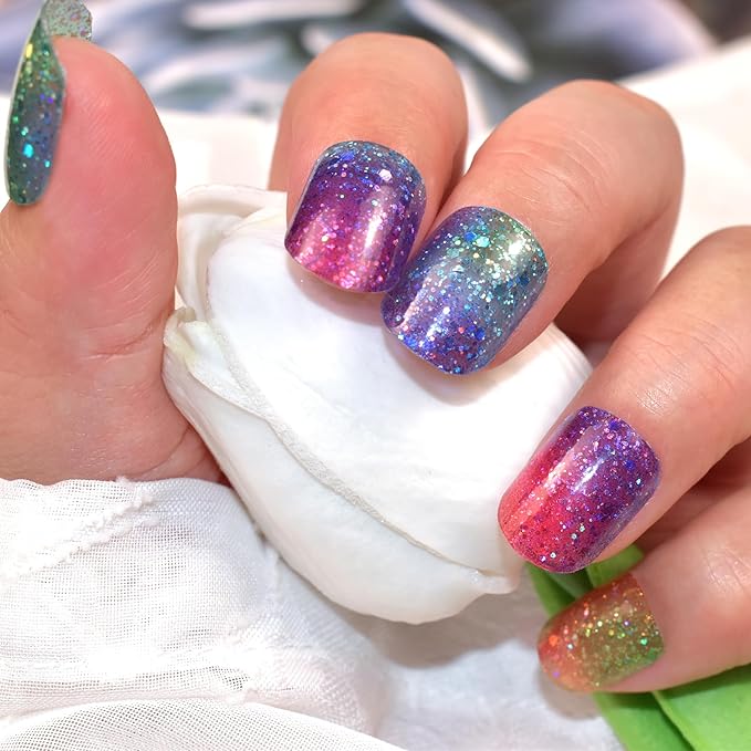 Semi Cured Gel Nail Strips Salon-Quality, Long Lasting Adhere Nail Art Stickers Decals (Colorful Sequins)