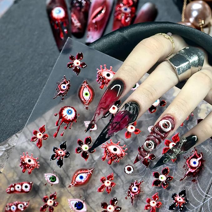 1Sheet Horror Blood Eye Nail Art Stickers 5D Embossed Halloween Nail Decals Self-Adhesive Evil Flower Nail Stickers with Bloody Eyeball Design Nail Decal Weird Eye Nail Sticker for Women Nails Decor