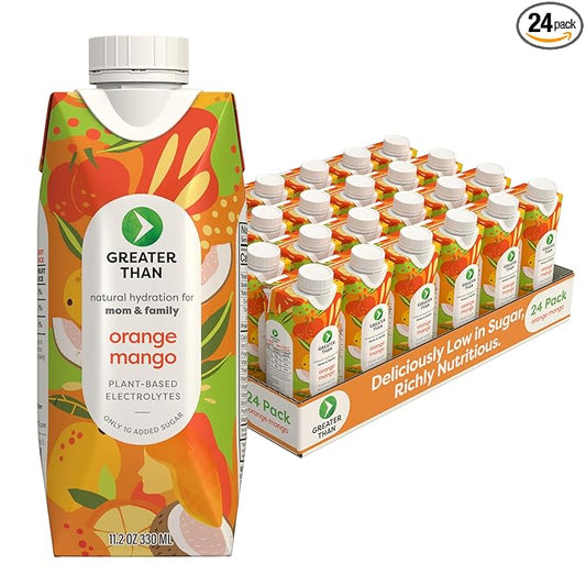 Greater Than Nutrient Hydration Beverage, Electrolyte Drink for Gut Health & Energy with Coconut Water, Vitamins, Gluten Free, Plant Based, Low Sugar, Orange Mango, 24 Pack