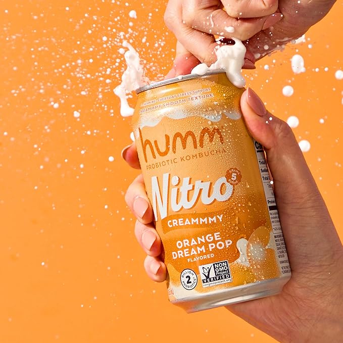 Humm Nitro Kombucha Orange Dream Pop, Creamy Smooth Probiotic Drink with L-Theanine, Non-GMO, Vegan, Gluten Free, 12 fl oz (Pack of 24)
