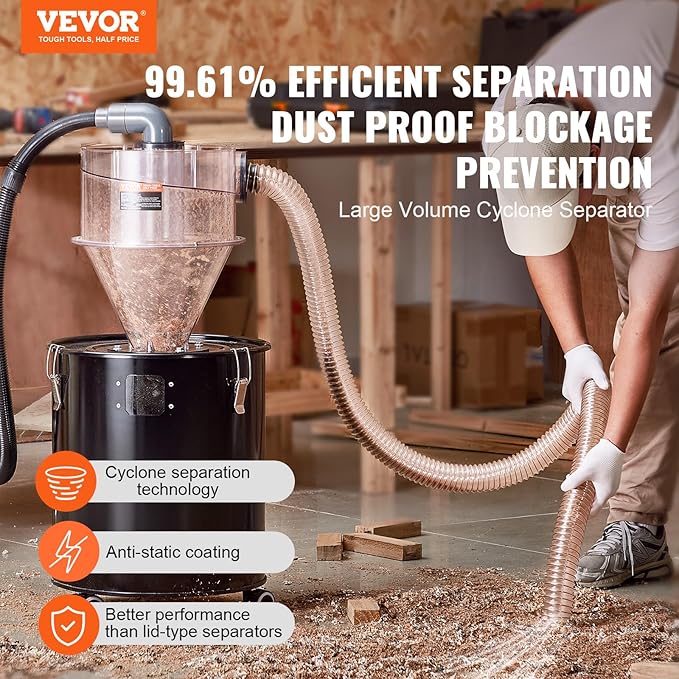VEVOR Cyclone Dust Separator, 4" Retrofit Cyclone Separator for Dust Collectors, ABS Material With 2" Hole O.D. Connector & Hose for Wet/Dry Shop Vacuums, Fits 5-10 Gallon Tank (Tank Exclude)