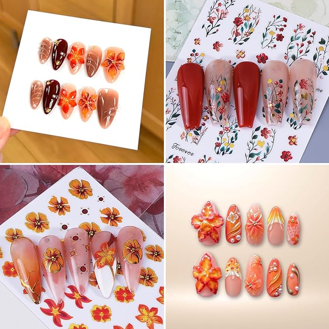 Colorful Flowers Nail Art Stickers 3D Orange Flower Nail Decals with Gold Edge Designs Nail Stickers Self-Adhesive Wildflowers Leaf Nail Decal Cute Floral Leaves Nail Sticker for Women Nails Decor