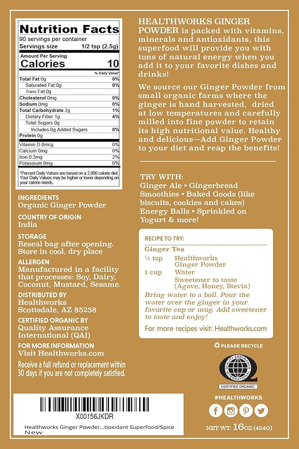 Healthworks Superfoods Organic Ginger Powder - 16 Oz / 1 Lb - Ground, Raw & All-Natural - Keto, Vegan - Great with Coffee, Tea & Juices - Superfood/Spice