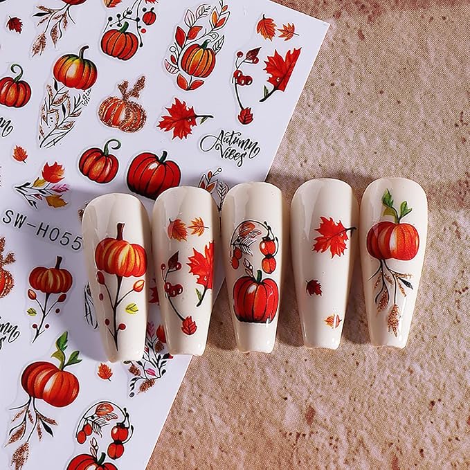 Fall Maple Leaves Nail Art Stickers for Thanksgiving, Fall Pumpkin Nail Decals 3D Self-Adhesive with Maple Leaves Design 6Pcs Fall Glitter Nail Art Supplies for Women Nail Decoration