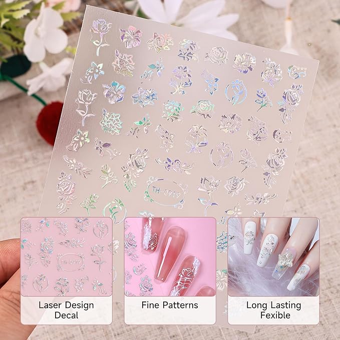 Glitter Flower Nail Stickers for Nail Art, Nails Art Stickers Decals Self Adhesive Floral Nail Sticker for Women Nails Decoration