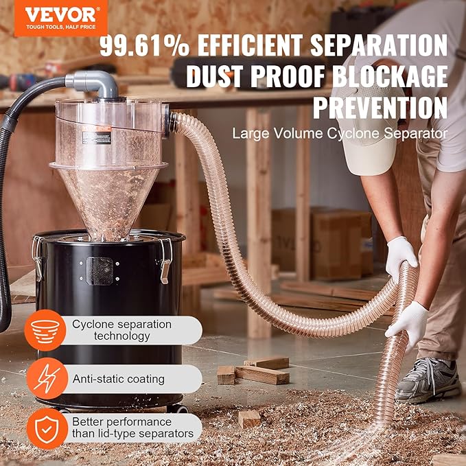 VEVOR Cyclone Dust Separator with Metal Tank, 4" Retrofit Cyclone Separator for Dust Collectors, ABS Material With 2" Hole O.D. Connector & Hose for Wet/Dry Shop Vacuums, Fits 13.21 Gallon Tank