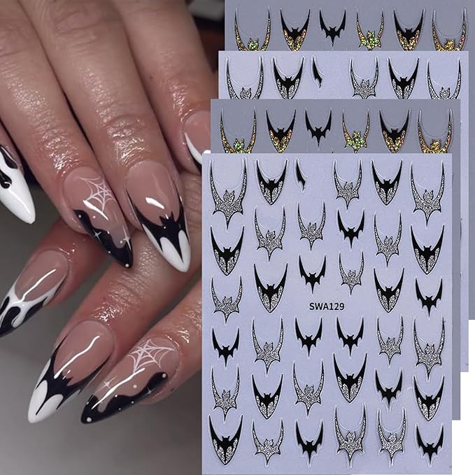 Bat Nail Stickers Halloween Glitter Nail Decals 4PCS 3D Self-Adhesive Silver Golden Bat Design Holiday Accessories Slider Halloween Nail Art Supplies for Women Nail Decorations Charms French Manicure