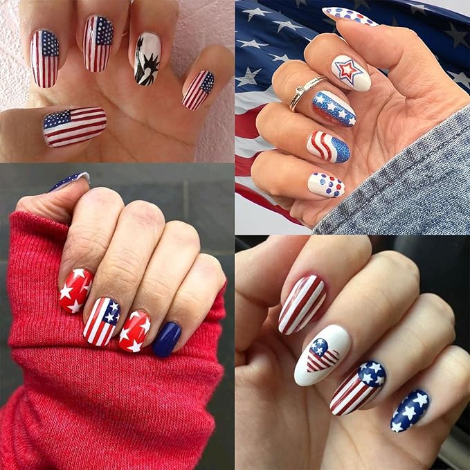 8 Sheets Independence Day Nail Stickers Blue Red Nail Decals Flag Love with Design Nail Decals for Nail Art 3D Self-Adhesive Nail Decoration for Women 4th of July Acrylic Nails Supplies