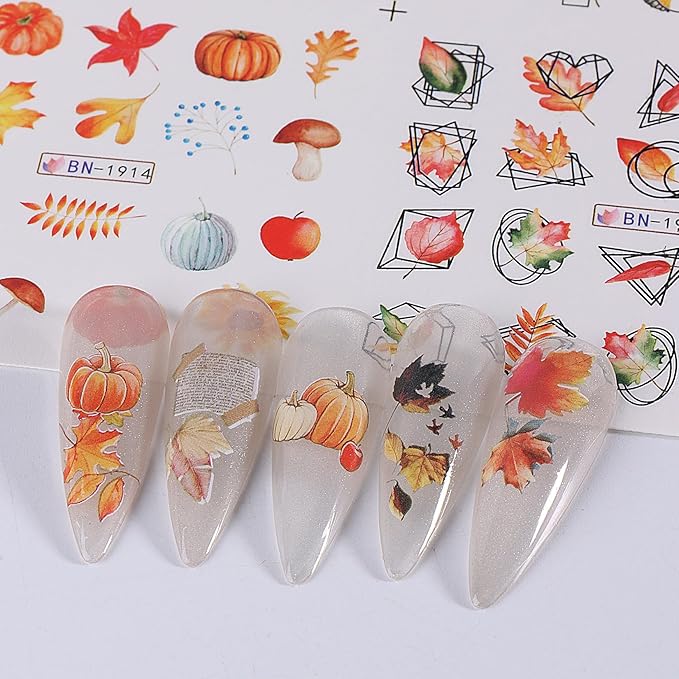 Fall Nail Stickers Water Decals 48 Designs Autumn Maple Leaf Water Transfer Nail Decals Turkey Pumpkin Squirrels Foxes Sliders Manicure Fall Sticker for Nail Decoration DIY Supplies 4 Sheets