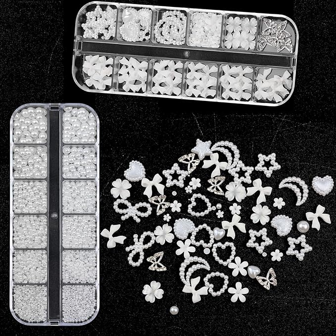 Nail Art Pearls with Glue Gel Flatback Pearls White Bow Nail Charms Heart Butterfly Nails Gems Pearls Accessories for Women Nails Design Decoration