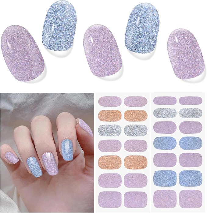 Semi Cured Gel Nail Strips | 28 pcs Gel Nails Strips for Women Work with Any UV Lamp, UV Nail Stickers for Women Home DIY Nails Art (Orchid Purple)