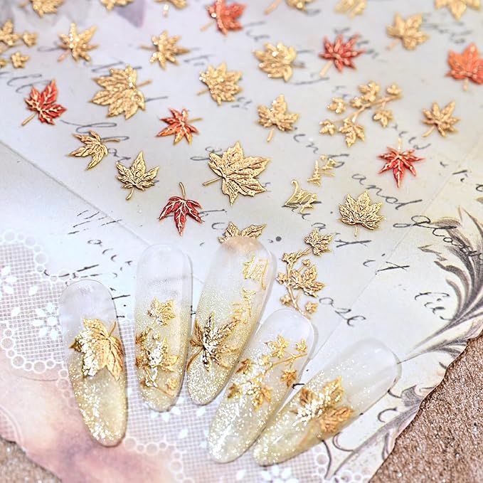 1 Sheet Fall Nail Stickers for Nail Art Autumn Maple Leaves Nail Decals 5D Embossed Thanksgiving Day Gold Maple Leaf Nail Art Supplies Red Leaf Nails Accessories for Women Acrylic Nails Decoration