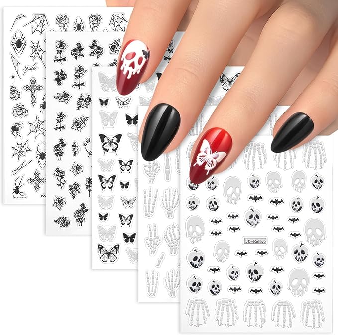 Halloween Nail Decals – 5 Sheets Bratrico 5D Halloween Nail Stickers, Self-Adhesive with Skulls, Bones, Black Butterfly Spiders & Black Roses, Classic Halloween Manicure Set for Women, Girls & Teens