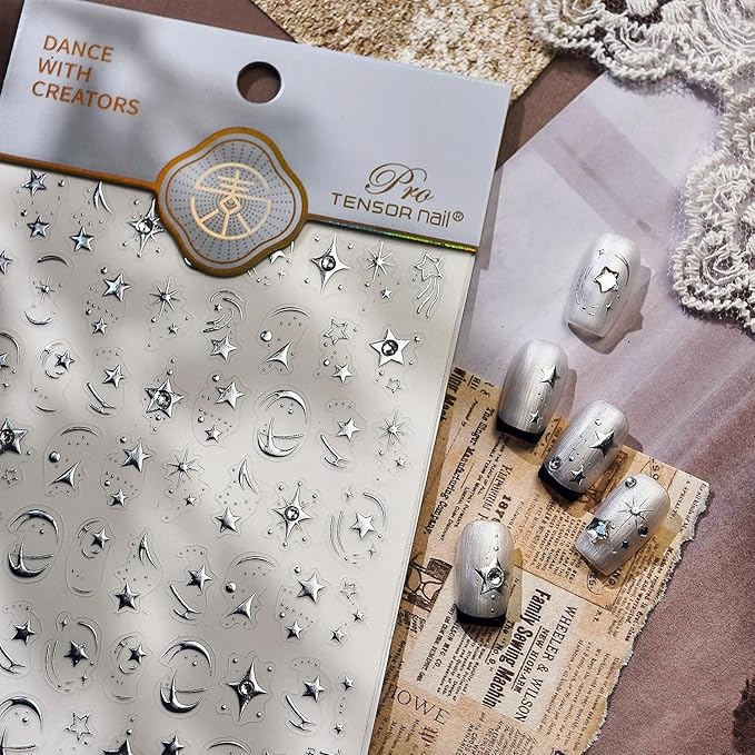 1Sheet Moon Star Nail Art Stickers 5D Embossed Silver Nail Stickers Luxury Star Moon Sticker for Nails Designs Diamond Star Nail Decals Y2K Nails Supplies Manicure Accessories for Women