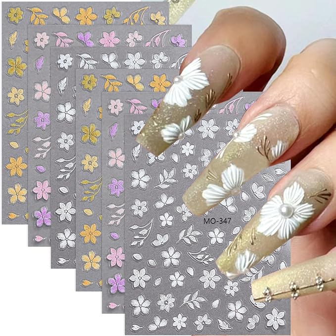Self-Adhesive Colorful Flower Nail Art Stickers - 6 Sheets, Spring/Summer Designs, Acrylic Nail Decoration Charms