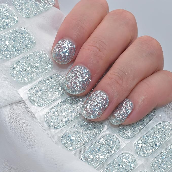 Semi Cured Gel Nail Strips Glitter Manicure Stickers Salon Quality Long-Lasting Wraps Work with Any Nail Light