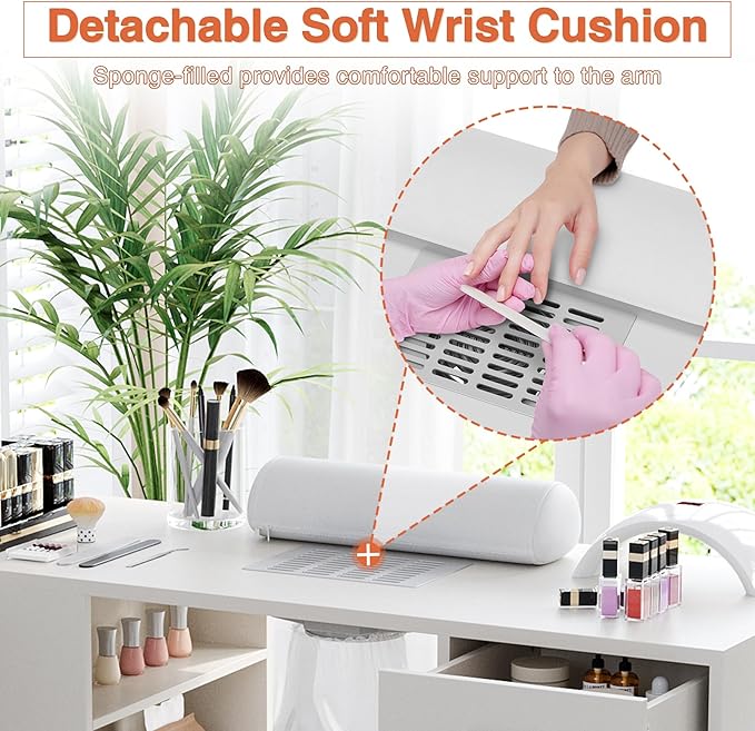 Manicure Table with Dust Collector, 42" Corner Nail Desk for Nail Tech with Pull-Out Polish Display Rack Arm Rest, Acetone Resistant Top, Drawers and Storage Cabinet