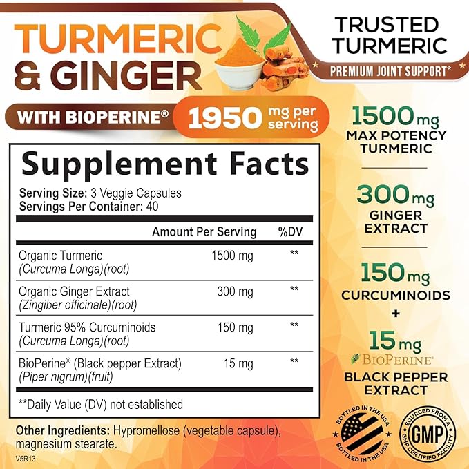Turmeric Curcumin Supplement 1950mg - 95% Curcuminoids with Organic Turmeric & Ginger, BioPerine Black Pepper for Best Absorption, Nature's Vegan Joint Support, Non-GMO, Bottled in USA - 120 Capsules