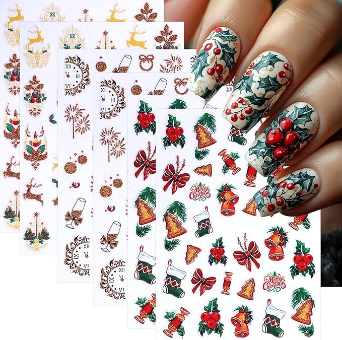 6 Sheets Christmas Bell Holly Leaf Nail Art Stickers 3D Clock Glitter Firework Design Nail Decals Xmas Tree Bow Nail Design Santa Claus Elk Nail Supplies for New Year Holiday Nail Art Decorations