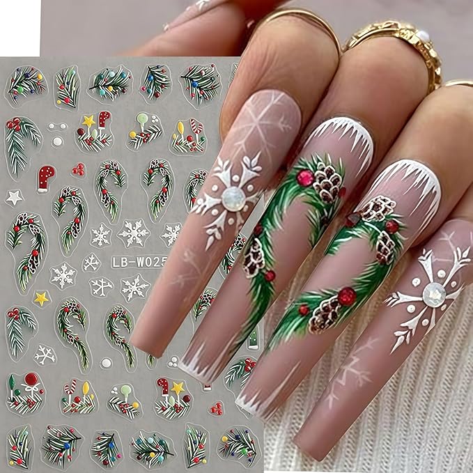 Christmas Nail Stickers 4 Sheets Christmas Nail Art Stickers, 5D Embossed Self-Adhesive Winter Leaves Snowflake Christmas Tree Flower Nail Decals Pattern Design DIY Holiday Nails Decoration for Women