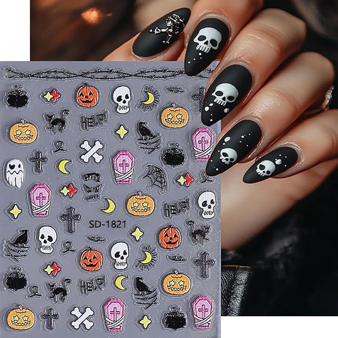 6 Sheets Halloween Nail Art Stickers Ghost Spider Web Skull and Pumpkin Nail Stickers Cute Nail Decals for Nails Art 3D Self-Adhesive Nail Art Supplies for Women Girls