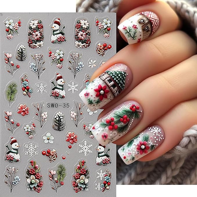 6 Sheets Christmas Nail Art Stickers 5D Self-Adhesive Embossed Cartoon Santa Claus Elk Bluebird Designs Xmas Decals Winter Christmas Snowflake Lamp Ball Nail Stickers Supplies for DIY Manicure Decor