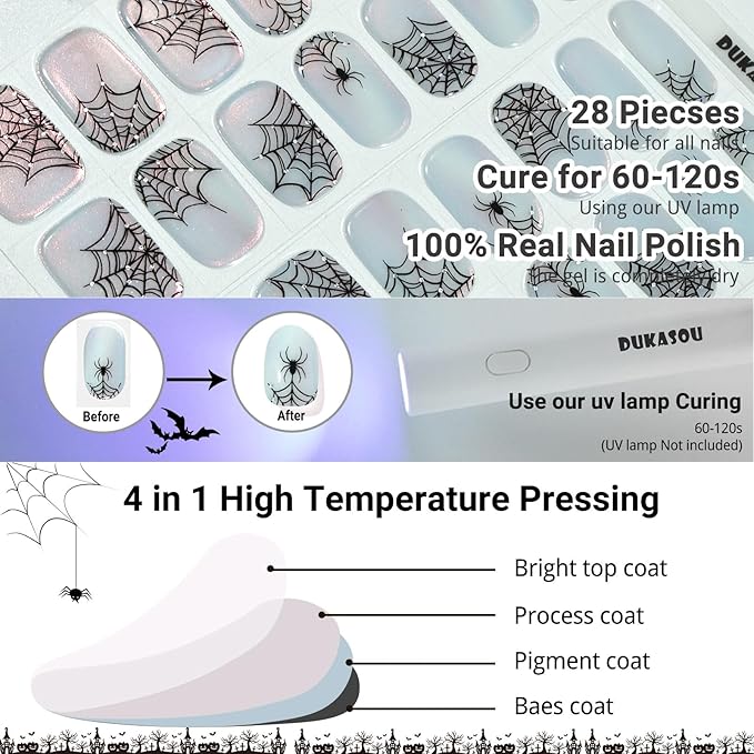 Halloween Semi Cured Gel Nail Strips, Spider | 28 pcs HalloweenSpider Gel Nail Strips Work with Any UV Lamp, Salon Quality Nails Stickers, Include Prep Pads, Nails File&Wood Stick