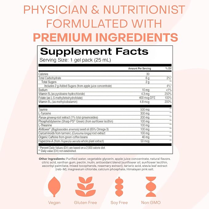 Healthycell Focus & Recall, Daily Liquid Brain Supplement for Focus & Memory - Nootropics Supplement for Concentration & Alertness with L-Theanine, Omega-3 & Taurine - 30 Gel Packs