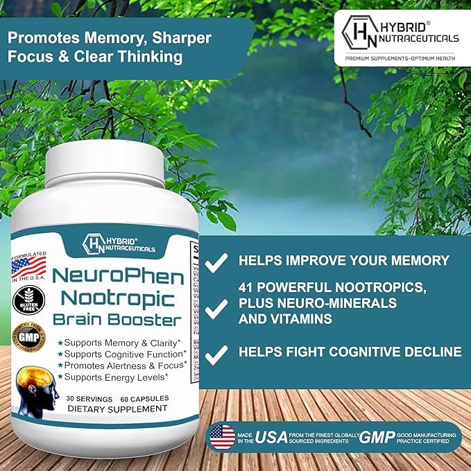 Hybrid Nutraceuticals NeuroPhen Nootropics Brain Booster Supplement - Focus Supplement, Memory Supplement for Brain with Bacopa Extract, Phosphatidylserine, Huperzine A - 60 Capsules