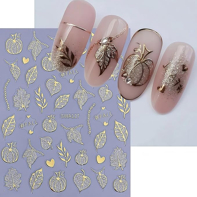 Fall Nail Art Stickers 2 Sheets Gold Pumpkin Nail Decals 3D Self-Adhesive Thanksgiving Day Nails Art Decorations with Glitter Rhinestone Pumpkin Maple Leaf Pattern Nail Decals for Women Holiday DIY