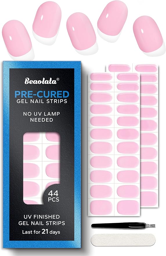 Pre Cured Gel Nail Strips - 44PCS Salon Quality Gel Nail Stickers - Long Lasting Polish Wraps for Women no UV Light Needed Easy Apply& Remove (Pure Pink)