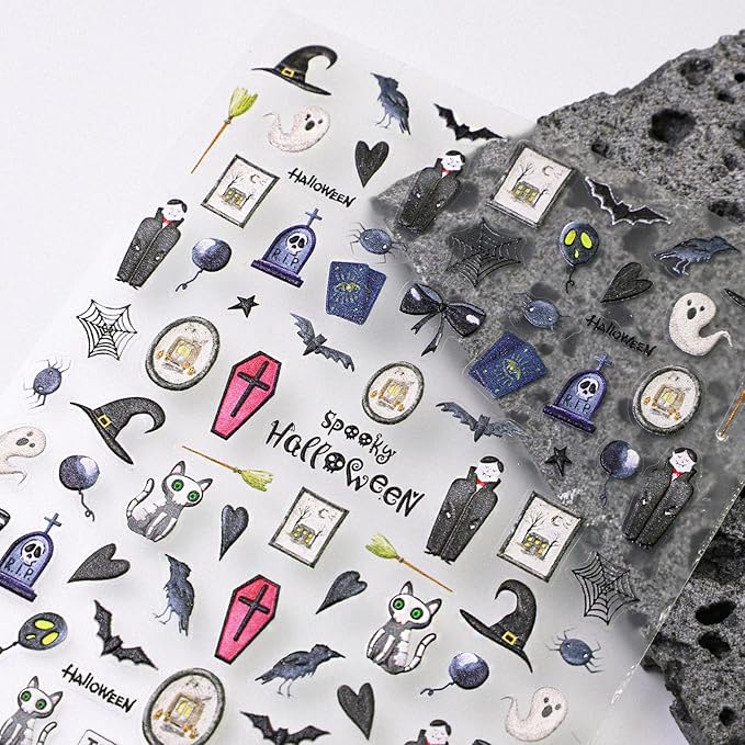 Halloween Nail Stickers for Nail Art Halloween Theme Vampire Ghost Bat Hat 5D Embossed Nail Decals Self-Adhesive Nails Supply Manicure Stickers for Nails Decoration