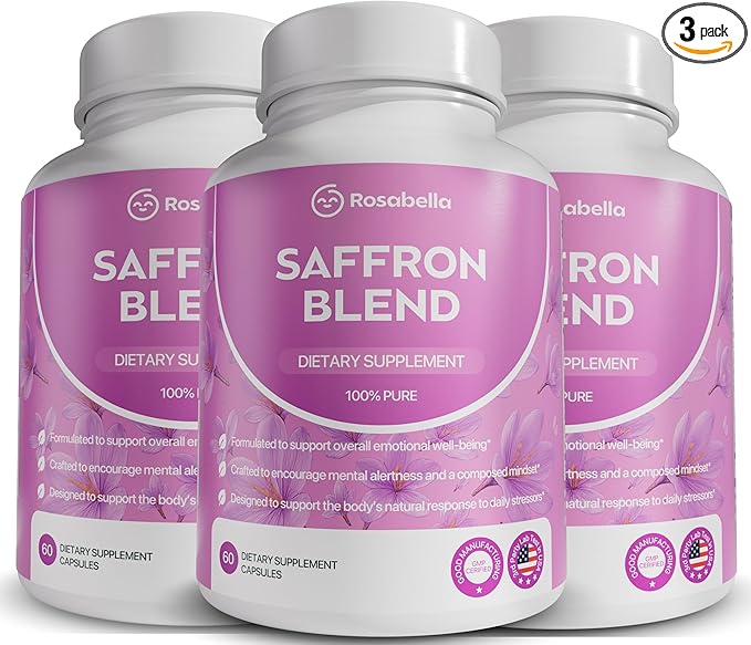 Rosabella Saffron Blend Supplement for Men & Women – Saffron, B6, Magnesium & Herbal Extract Capsules – Supports Mood, Focus & Clarity – Non-GMO, Gluten-Free – 180 Capsules – 90-Day Supply