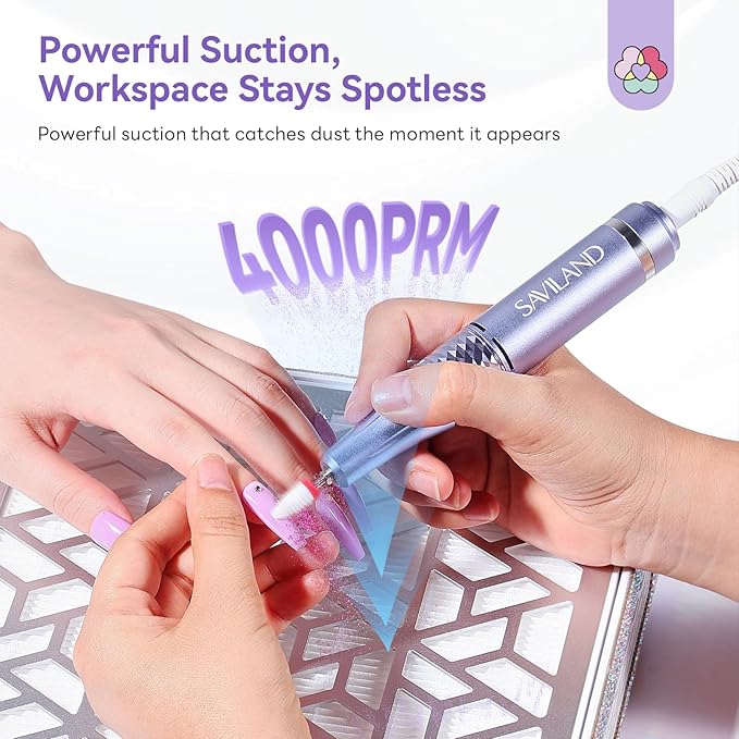 SAVILAND Advanced 4000RPM Nail Dust Collector: Rhinestones Shining Powerful Suction Dust Collector Nail Tech Adjustable Speeds Less Than 25db Nail Duster Vacuum For Acrylic Nails Tool Polish Salon Set