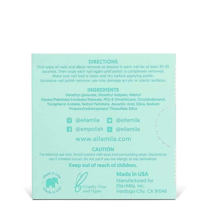 ella+mila Soy Nail Polish Remover Wipes Non-Acetone Lint Free Nail Wipes - Non-Toxic Fingernail Polish Remover - Unscented & Enriched with Vitamins A,C & E (12 Pack)