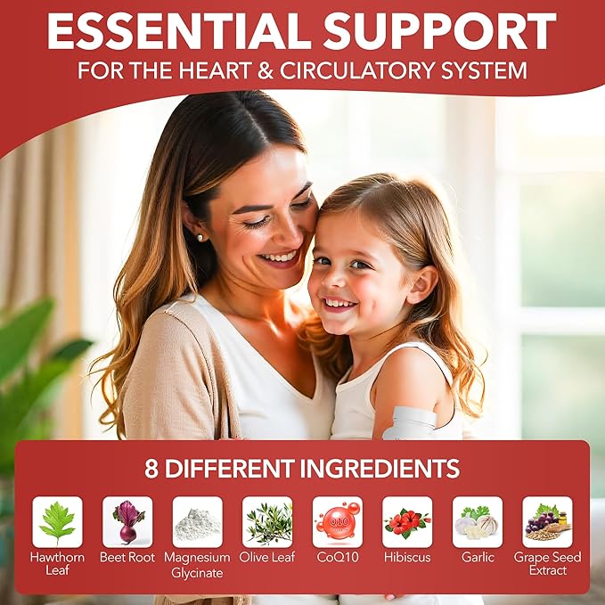 Healthy Heart - CoQ10 - Cholesterol - Circulation - Inflammation - Blood Pressure - Plaque - Cortisol - Arteries - LDL - HDL - Hawthorne - Beet Root - Garlic - Olive Leaf - Hibiscus - 120 Count