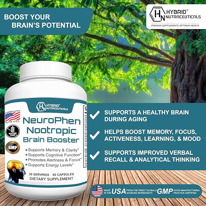 Hybrid Nutraceuticals NeuroPhen Nootropics Brain Booster Supplement - Focus Supplement, Memory Supplement for Brain with Bacopa Extract, Phosphatidylserine, Huperzine A - 60 Capsules