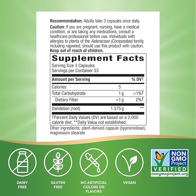 Nature's Way Dandelion Root, Traditional Diuretic Herb*, Vegan Dandelion Root Capsules, 100 Count (Packaging May Vary)