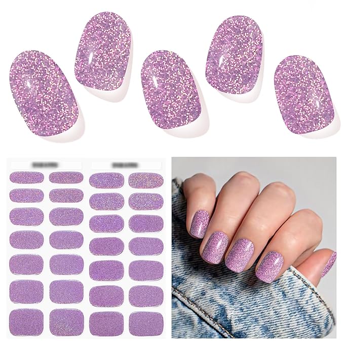 Semi Cured Gel Nail Strips, Purple Sparkle | 28 pcs Gel Nail Strips Work with Any UV Lamp, Salon Quality UV Nails Stickers, Easy to Apply for Home Nails DIY