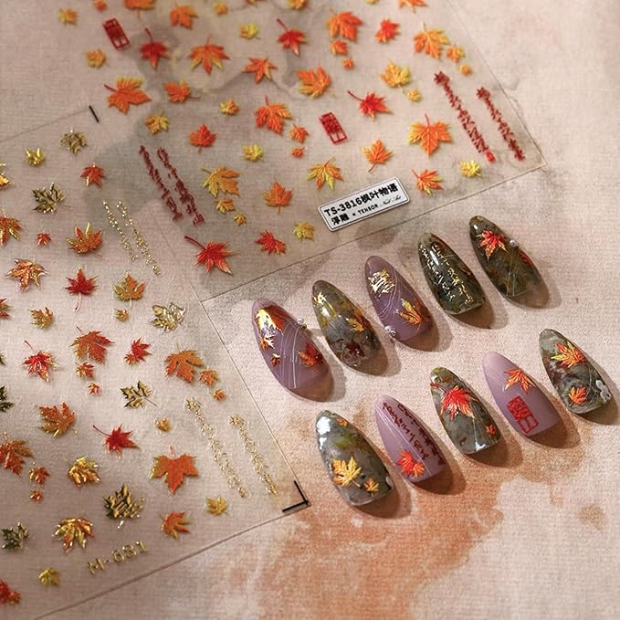 Fall Nail Art Stickers 5D Self-Adhesive Jelly Nail Decals Autumn Leaf Nail Stickers Maple Leaf Nail Art Supplies Cute Fallen Leaves Manicure Slider for Women Thanksgiving Day Acrylic Nails Decoration