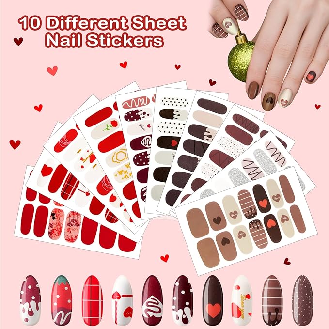 140 Pcs 10 Sheets Valentine's Day Full Wrap Nail Stickers Polish Strips Gradient Stickers Glitter Self Adhesive DIY Art Decals Strips with 2 Pcs Nail Files for Valentine Decor (Sweet Style)