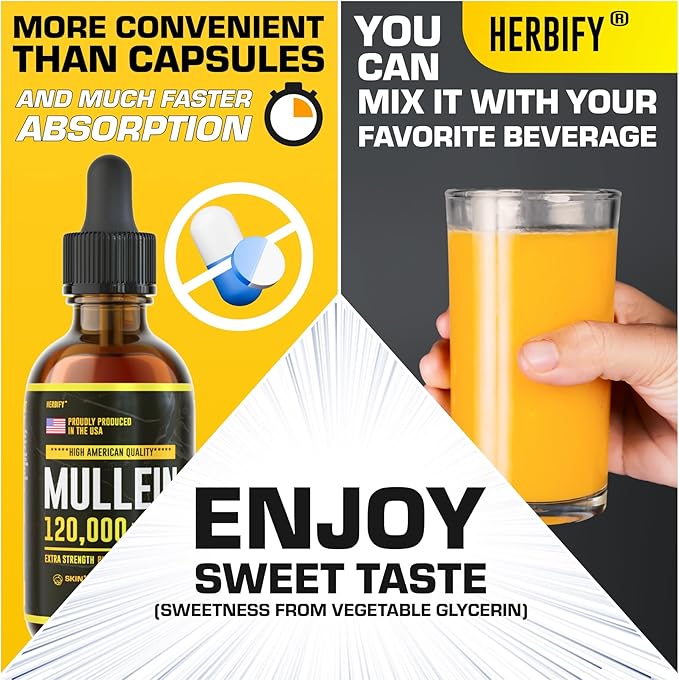 HERBIFY Mullein Drops - Lung Cleanse - Leaf Extract - Powerful Mullein for Immune Support,Detox & Respiratory Support - Made in USA - Lung Cleanse for Smokers - 4 Oz
